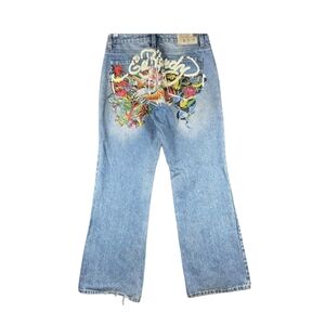 Ed Hardy Men’s Light Blue Denim Bootcut Jeans with Colorful Back Embroidery